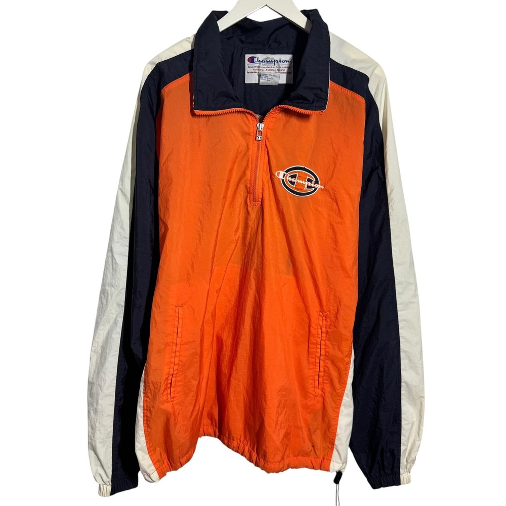 Vintage Champion Windbreaker Jacket Men XL Orange Navy Blue Quarter Zip Pullover